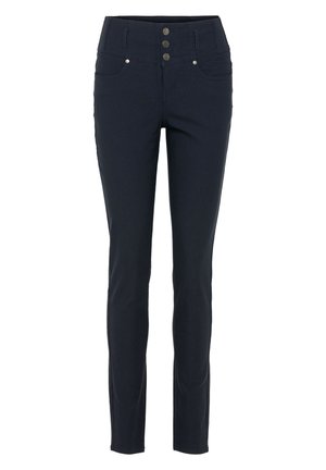 Pantalons bleu marine à coupe ajustée, avec taille haute, fermeture à trois boutons et deux poches avant avec des accents métalliques subtils.