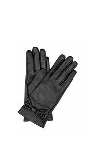 Czarne skórzane rękawiczki o gładkiej fakturze i małym detalem w postaci kokardki na mankiecie, z pięciopalczastym designem zapewniającym dopasowane dopasowanie.