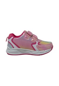 Scarpe da ginnastica rosa con una tomaia lucida a gradiente, due cinturini in velcro, una suola intermedia bianca e dettagli testurizzati sulla suola.
