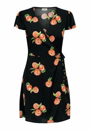 Knytedress i svart stoff, med et blomstermønster av oransje ferskener og grønne blader. Korte pufferm og justerbar knyting.