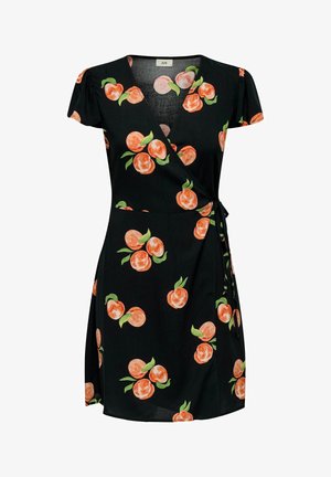 Melnas kokvilnas kleitas ar ziedu rakstu, kurā redzami oranži persiki un zaļas lapas. Īsas puff piedurknes un regulējama saišu aizdare.