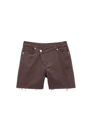 Braune Baumwollshorts mit ausgefranstem Saum, diagonalem Taschen-Design, goldenen Beschlägen und traditionellen Gürtelschlaufen.