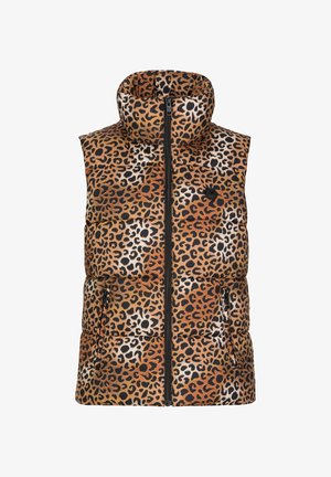 Gevoerde vest met een hoge kraag in een bruin en zwart luipaardprint, vooraan met rits en twee zijzakken.