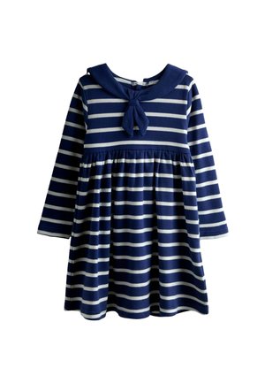 Gestreifs Kleid mit langen Ärmeln, marineblau und weiß, runder Kragen mit einer Schleifendetail, geraffte Taille, aus weichem Stoff gefertigt.