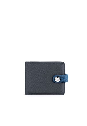 Wallet in dark gray fabric with a blue accent strap and snap closure. Square shape, textured surface, minimalistic design, clean lines.
