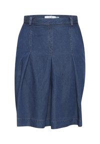 Denim krilo v temno modri barvi s nabranim dizajnom, standardnim pasom in kontrastnim šivom. Srednja dolžina in mehak material.