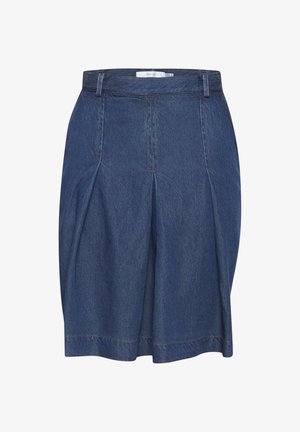 Fustă din denim de culoare albastru închis, cu un design plisat, talie standard și cusături contrastante. Croi mediu și textură moale.