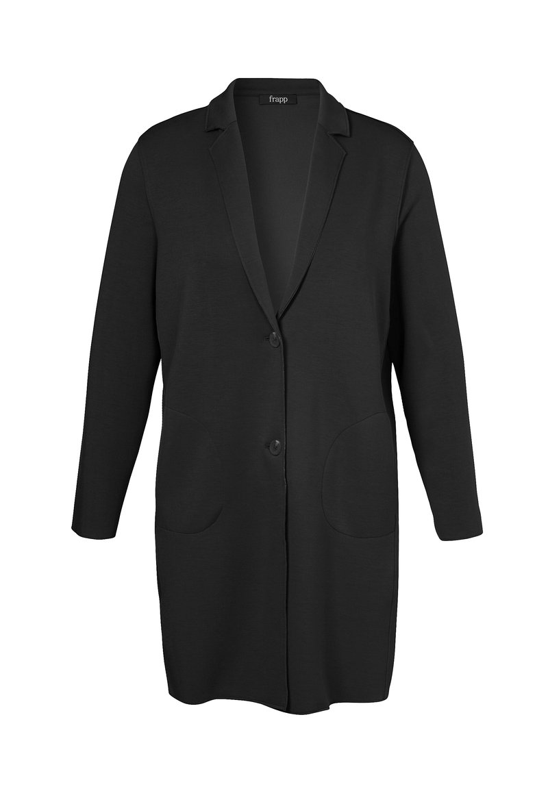 Zwarte blazer cardigan met een gladde textuur, lange mouwen, een opstaande kraag, een enkele knoopsluiting en twee grote voorzakken.