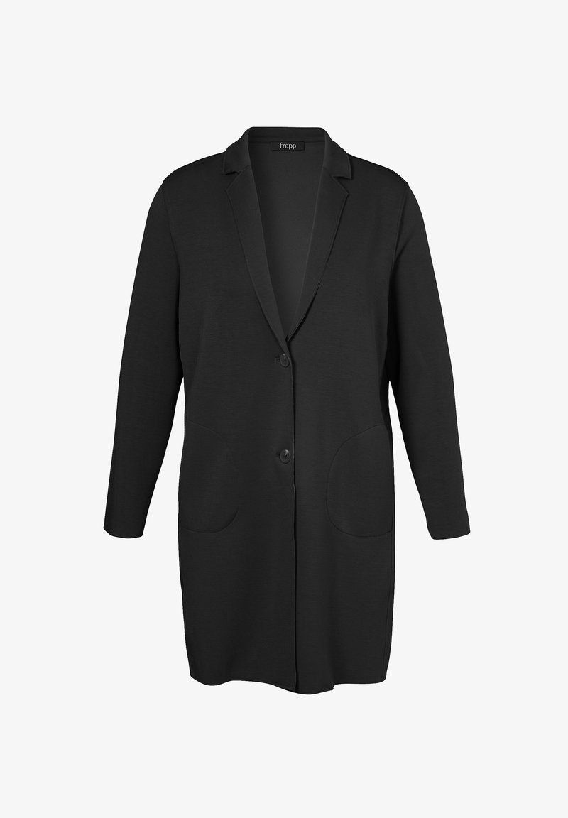 Zwarte blazer cardigan met een gladde textuur, lange mouwen, een opstaande kraag, een enkele knoopsluiting en twee grote voorzakken.