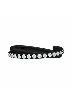Black hoop earring adorned with a row of evenly spaced round clear gemstones.