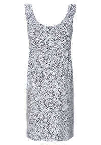 Vestido sin mangas de tejido blanco con un patrón de hojas en azul marino. Presenta un escote con volantes y un diseño de cintura imperio para un ajuste relajado.