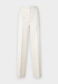 Krémové kalhoty s přiléhavým střihem, rovné nohavice, hladká tkanina, přední sklady a čistý lem. Minimalistický design.