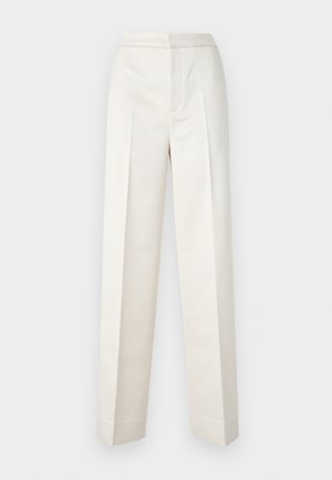 Krémové kalhoty s přiléhavým střihem, rovné nohavice, hladká tkanina, přední sklady a čistý lem. Minimalistický design.