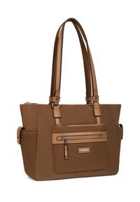 Sac fourre-tout marron en matériau synthétique, avec des poignées doubles, une poche zippée à l'avant et des accents plus clairs contrastants. Design structuré avec couture.