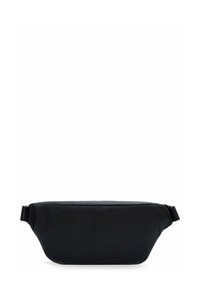 Bolso de saco negro texturizado de forma rectangular, con cierre de cremallera y correa lateral. Fabricado con un material duradero con un acabado suave.