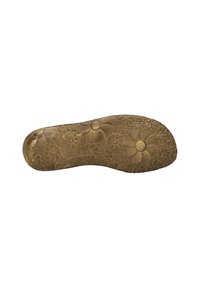 Suela de zapato de goma marrón con un patrón floral en relieve y una superficie texturizada para agarre, con una punta redondeada lisa y un ligero arco.