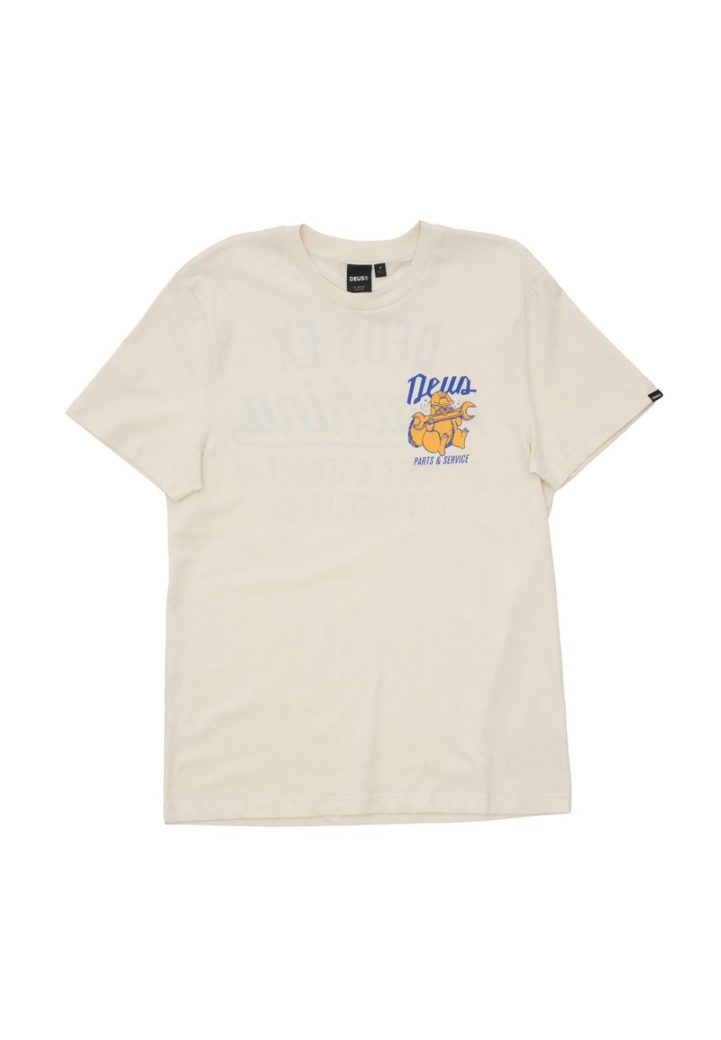 Cremefarvet bomulds t-shirt med rund halsudskæring. Har et blåt trykdesign med en tegneseriefigur og teksten "Deus Parts & Service."