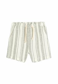 Leinen-Shorts mit weißem Hintergrund und dunkelgrauen vertikalen Streifen, ausgestattet mit einem Bindegurt und Seitentaschen.