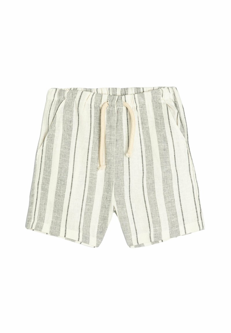 Leinen-Shorts mit weißem Hintergrund und dunkelgrauen vertikalen Streifen, ausgestattet mit einem Bindegurt und Seitentaschen.
