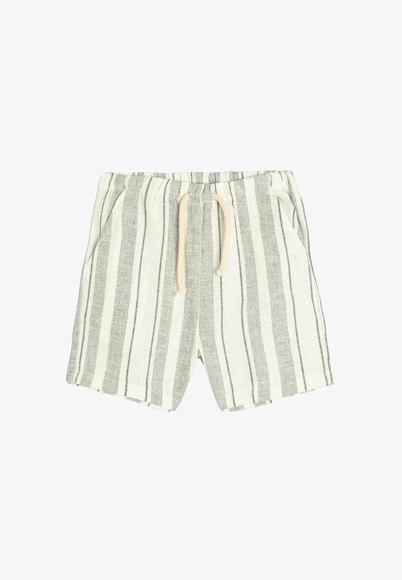 Leinen-Shorts mit weißem Hintergrund und dunkelgrauen vertikalen Streifen, ausgestattet mit einem Bindegurt und Seitentaschen.