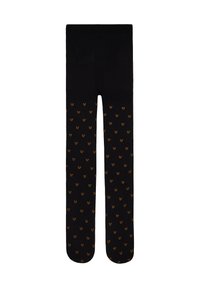 Črne legice z ponavljajočim se majhnim vzorcem oranžnih metuljev po nogah, z enotnim črnim pasom in zgornjim delom.