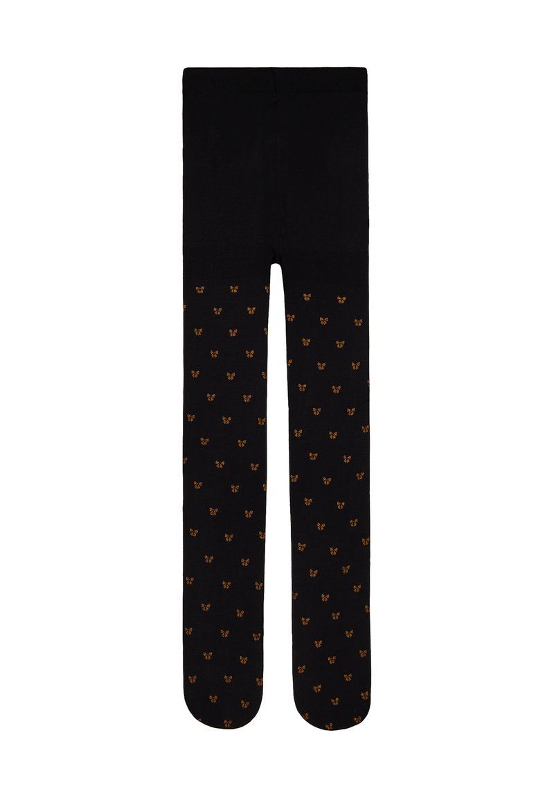 Črne legice z ponavljajočim se majhnim vzorcem oranžnih metuljev po nogah, z enotnim črnim pasom in zgornjim delom.