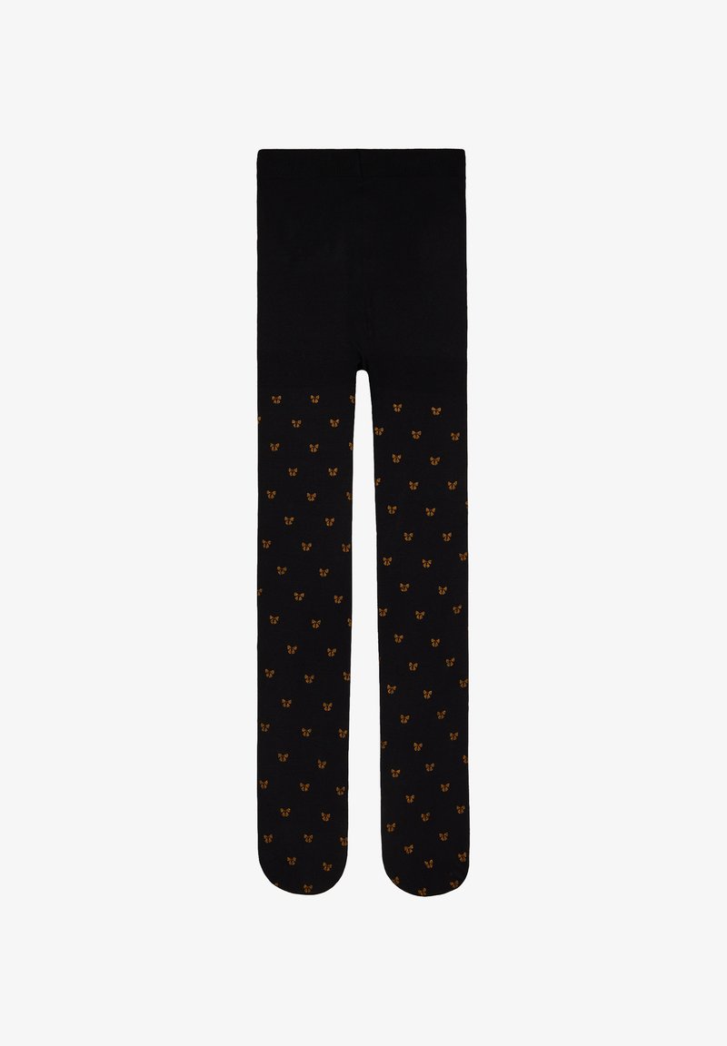 Čierne pančuchy s opakujúcim sa malým vzorom oranžových motýľov po celých nohách, so pevným čiernym pásom a vrchnou časťou.