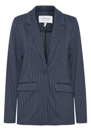 Marineblåstripet blazer med hakket krage, enkelt knapp, to frontlommer og en avslappet passform. Laget av et teksturert stoff.