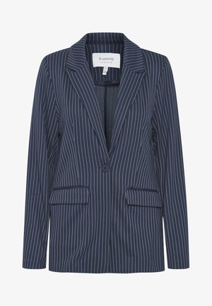 Tumestriipidega bleiser, millel on nikerdatud krae, üks nupp, kaks esitaskut ja vabalt istuv lõige. Valmistatud tekstureeritud kangast.