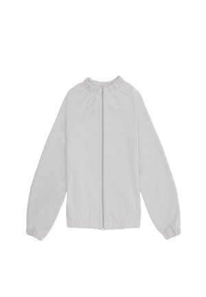 Jasnoszara kurtka z zamkiem błyskawicznym, z elastycznymi mankietami i kołnierzem, długimi rękawami oraz gładkim, jednolitym materiałem.