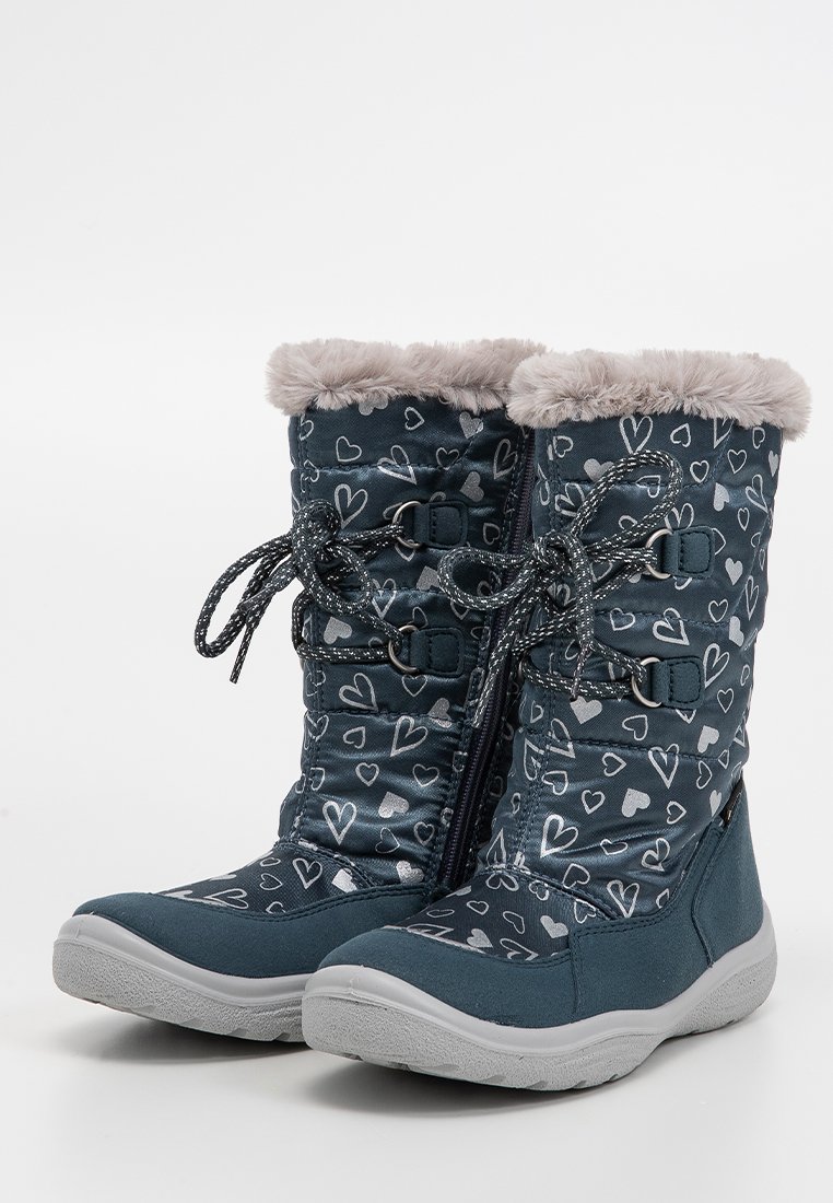 Bottes bleues imperméables avec des motifs de cœurs gris, doublure en fausse fourrure, lacets ajustables et semelle en caoutchouc durable, adaptées aux temps froids.