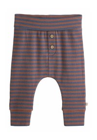 Pantaloni a righe per bambini nei colori blu scuro e ruggine. Presentano una texture a coste, cintura elastica e due bottoni di legno decorativi sul davanti.