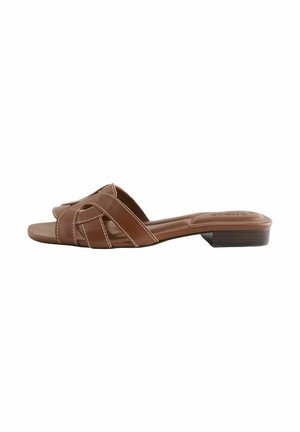 Brown leather slip-on sandal with low block heel and stitched crisscross straps, designed for casual wear.