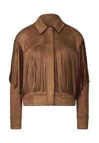 Brun mockaskinnsjacka med kort längd som har långa fransdetaljer längs ärmarna och axlarna, samt en klassisk krage och ribbade mudd.