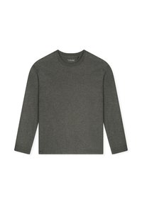 Dark gray long-sleeve crewneck shirt made of soft fabric, laid flat with no patterns or logos visible on front.