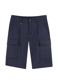 Shorts cargo marine avec deux poches latérales, deux grandes poches sur les cuisses, une fermeture à bouton et une texture de tissu lisse.