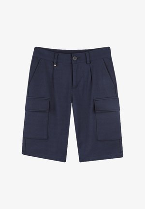 Pantaloni cargo navy con due tasche laterali, due tasche grandi per coscia, chiusura a bottone e una texture di tessuto liscia.