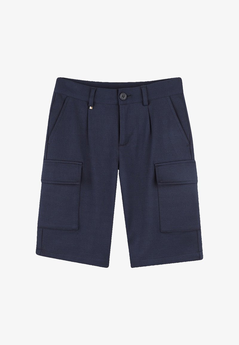 Shorts cargo marine avec deux poches latérales, deux grandes poches sur les cuisses, une fermeture à bouton et une texture de tissu lisse.