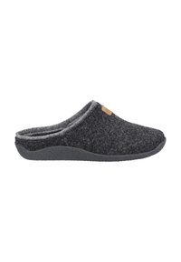 Grijze felt slipper met een ronde vorm, een zachte binnenvoering en een gestructureerde rubberen zool; heeft een klein logotag aan de zijkant.