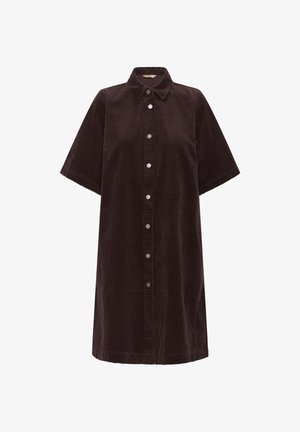 Ciemnobrązowa sztruksowa sukienka na krótki rękaw z kołnierzykiem i srebrnymi zatrzaskami z przodu.