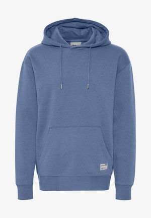 Felpa con cappuccio in cotone blu, dotata di tasca frontale a marsupio, polsini a costine e cordini regolabili. Presenta un'etichetta piccola sull'orlo.