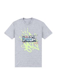 Šedé bavlněné tričko s grafikou ve stylu graffiti zobrazující dodávkový vůz a živé žluté akcenty, s uvolněným střihem a kulatým výstřihem.