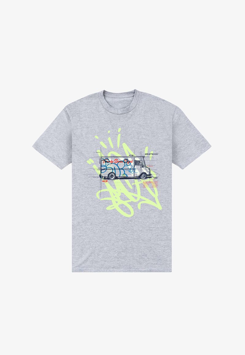 Šedé bavlněné tričko s grafikou ve stylu graffiti zobrazující dodávkový vůz a živé žluté akcenty, s uvolněným střihem a kulatým výstřihem.