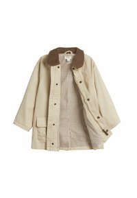 Beige ytterjacka med en brun kordflingskrage, tryckknappar, framficka och ett rutigt mönster på foder. En avslappnad passform med långa ärmar.