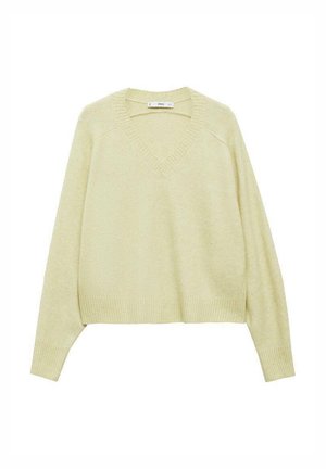 Pulover cu decolteu în V, de culoare galben deschis, cu mâneci lungi și manșete și tiv cu nervuri. Textură moale, cu o croială lejeră și un design minimalist.