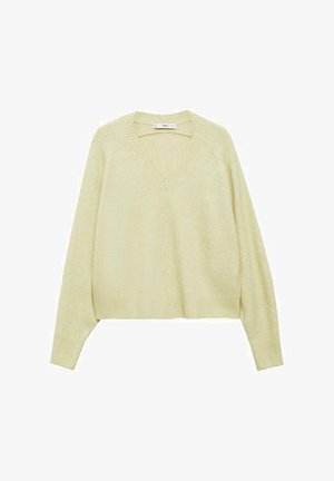 Pulover cu decolteu în V, de culoare galben deschis, cu mâneci lungi și manșete și tiv cu nervuri. Textură moale, cu o croială lejeră și un design minimalist.