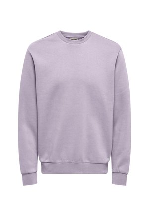 Fioletowy sweter z miękkiego materiału. Posiada okrągły dekolt, ściągacze przy rękawach i luźny krój bez nadruków graficznych.