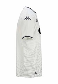 White short-sleeve jersey with subtle wavy texture. Black accents on collar and sleeves. Kappa logo on shoulder. Lightweight material.