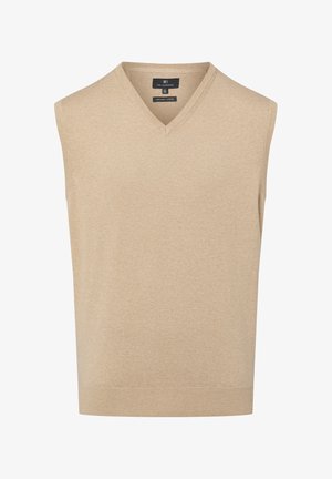 Beige, sleeveless sweater vest with a V-neck design. Made from organic cotton, features a smooth texture and ribbed hem detail.