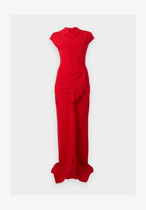 Piros, földig érő, ujjatlan ruha magas nyakkivágással, az deréknál begyűrt aszimmetrikus fodorral és elöl hasítékkal.